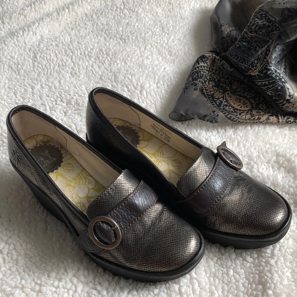 Fly London Yond Wedge Shoes 38 Bronze Gold Leather Suede Slip On Loafers - Picture 2 of 11